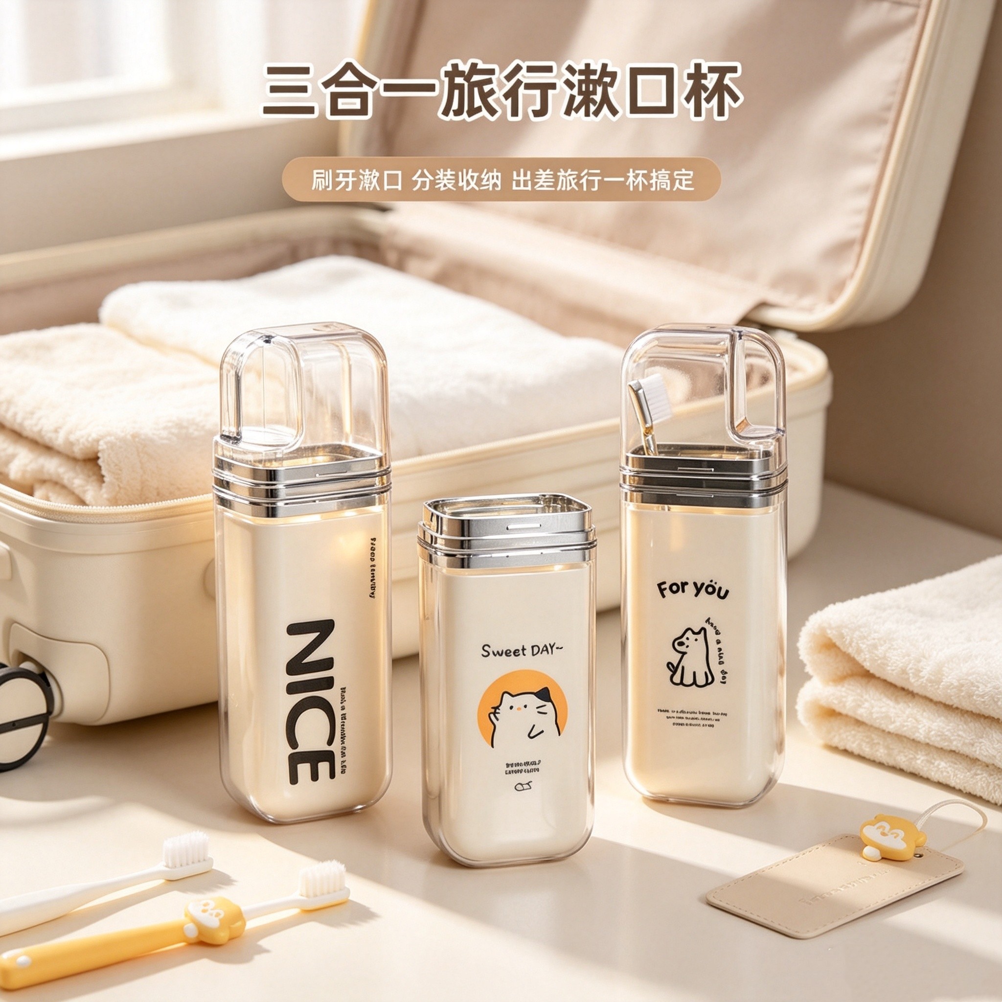 便携三合一旅行洗漱杯情侣分装牙刷牙膏收纳旅游随身漱口牙缸套装