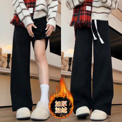 窄版阔腿裤女2025新款秋冬雪尼尔加绒直筒裤小个子黑色灯芯绒裤子