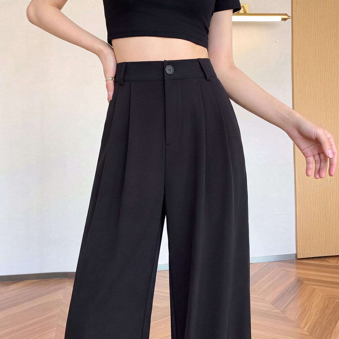 黑色冰丝西装裤女夏季薄2026新款垂坠感西裤休闲宽松直筒阔腿裤子