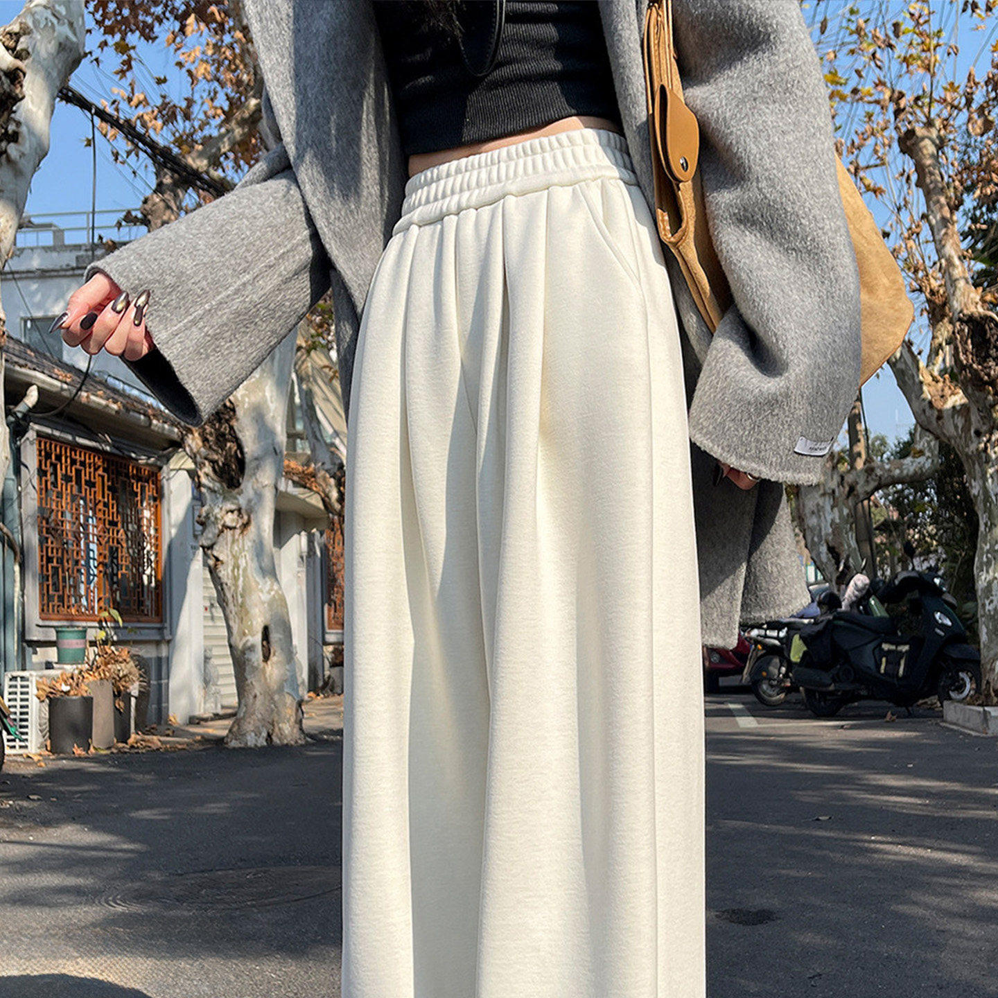 奶芙白色糯米裤女秋冬季宽松垂感慵懒小个子加绒直筒显瘦阔腿裤子