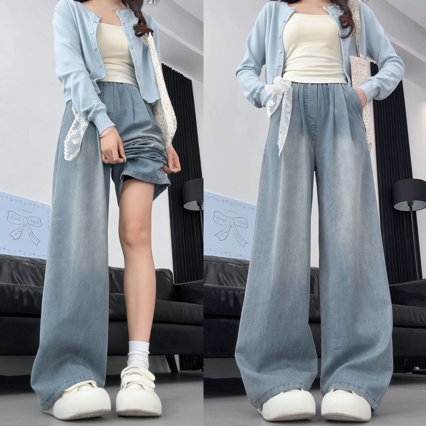 天丝牛仔裤女春秋2026新款宽松直筒小个子大码显瘦休闲阔腿长裤子