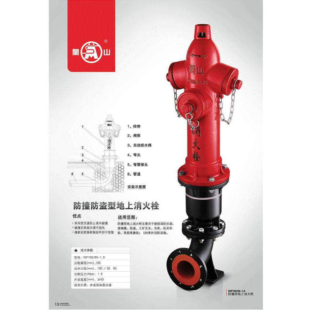SSF100/65型闽山牌防撞防盗型地上式室外消火栓地上栓消防栓阀门
