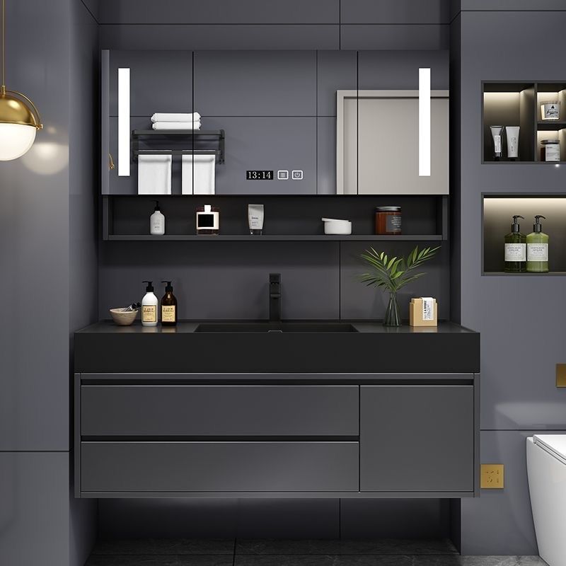 现代轻奢黑色深色岩板陶瓷一体盆浴室柜组合卫生间洗手脸盆洗漱台