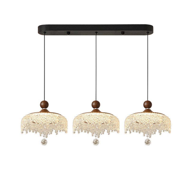 法式中古风水滴餐厅吊灯三头w长盘吧台复古胡桃木色吊线灯具饭厅