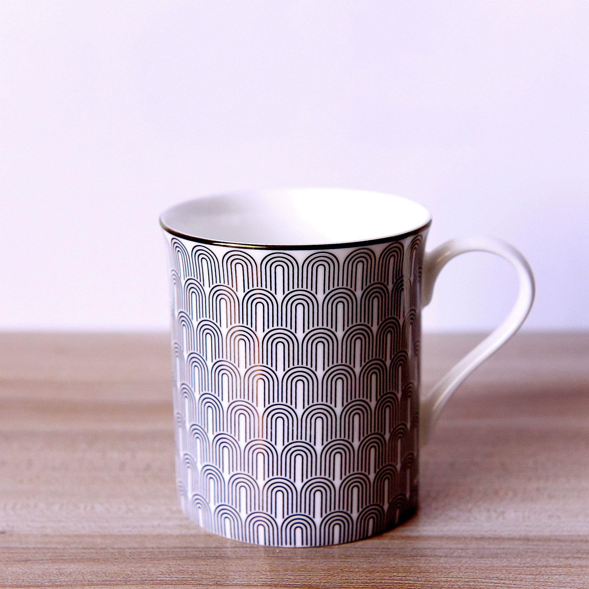 骨瓷马克杯 复古北欧风陶瓷马克杯拱弧线描金礼品杯广告杯