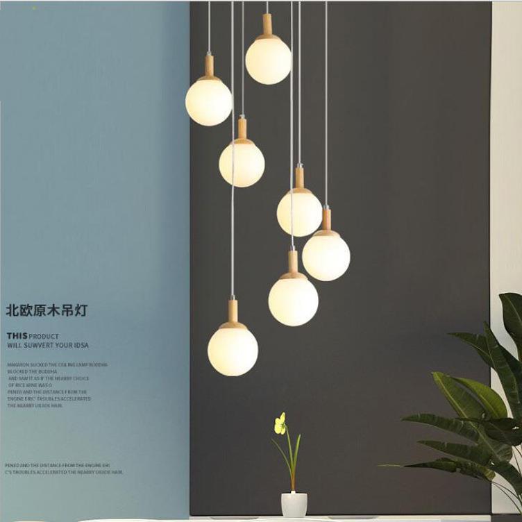 北欧创意木艺楼梯间吊灯现代简约客厅灯餐厅吊灯大气别墅玻璃灯具