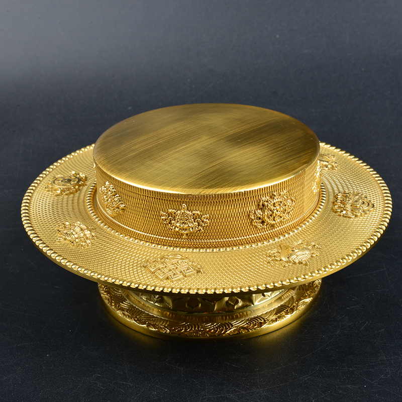藏式曼扎盘无缝纯铜五明学院同款八吉祥雕花密宗供奉曼茶盘送宝石
