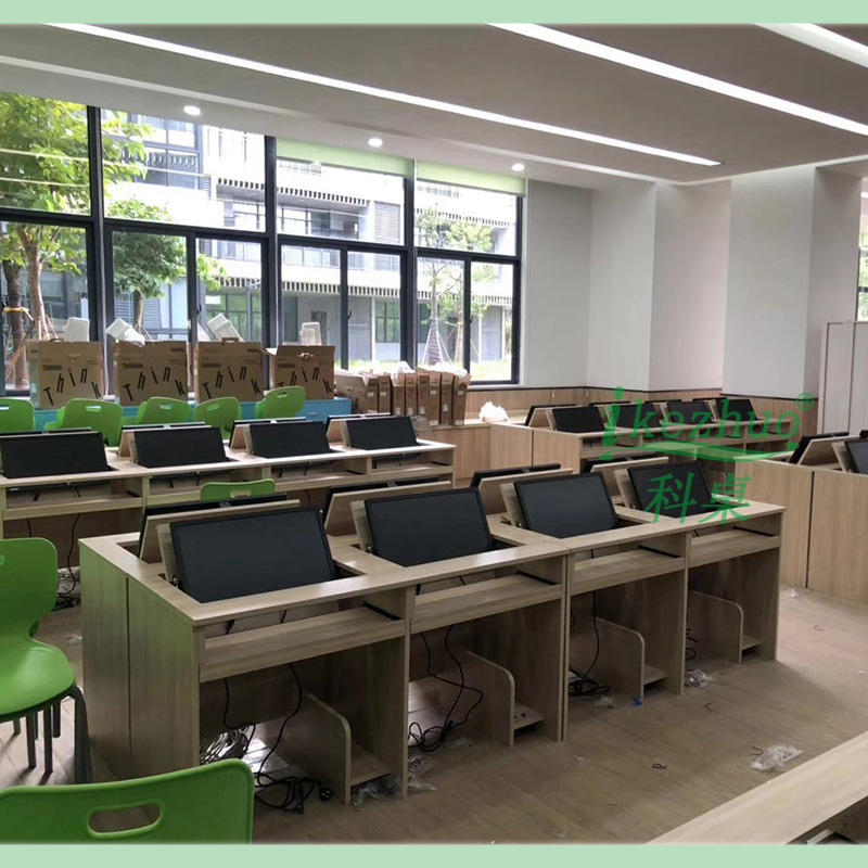 学校机房单双人翻转电脑桌 办公会议培训隐藏显示屏嵌入式电脑桌