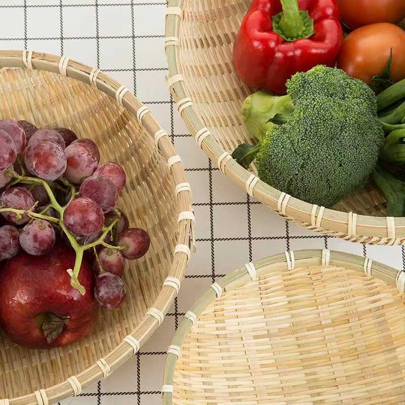 竹编收纳筐簸箕圆形手工竹筛子农家竹制品家用箩筐水果篮洗菜篮子