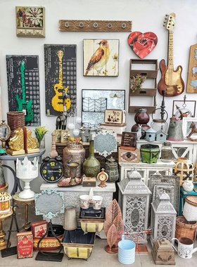 美式乡村风创意软装复古家居装饰品实木铁艺杂货摄影道具挂件摆件