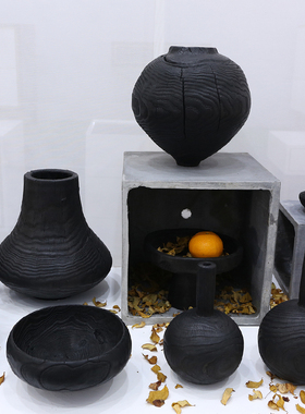 侘寂风仿炭化木三脚果盘陶瓷托盘酒店民宿自然度假风软装饰品摆件