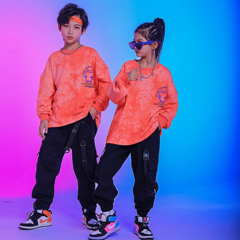 儿童街舞潮装秋季宽松扎染卫衣男童炸街hiphop表演服爵士舞演出服