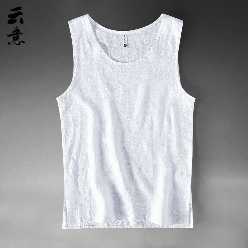100%纯亚麻背心男装夏天薄大码沙滩宽松砍袖麻料无袖汗衫纯色坎肩