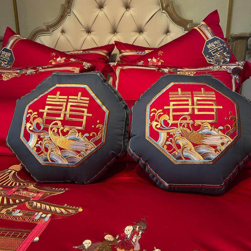 H1120婚子家纺庆百刺绣结床上用品喜被大红色四件套婚房布婚置,床上用品,婚庆床品套件,淘宝优惠券,粉丝福利购,淘宝优惠卷