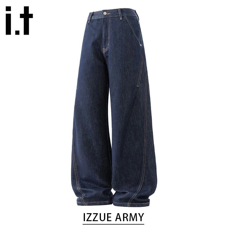 izzue秋季新款丹宁蓝牛仔裤男士水洗宽松美式休闲拼接复古弯刀裤