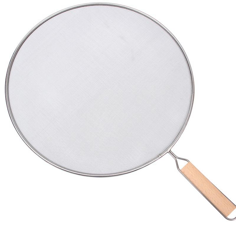 银色防溅油网盖 不锈钢防爆盖厨房炒锅防溅油木柄遮油盖