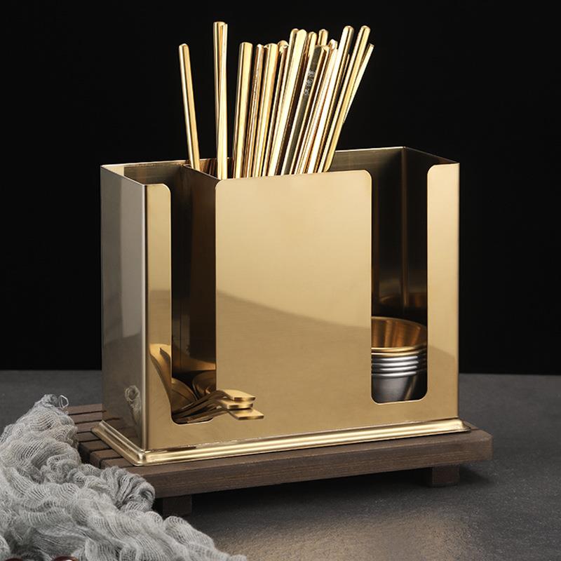 不锈钢方形筷子筒筷子勺子收纳盒架金色餐厅汤勺汤匙架商用沥水筒