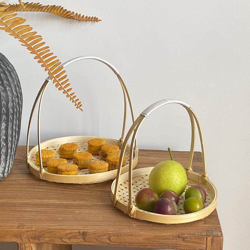 竹制圆形茶点水果干果零食点心竹收纳篮中式禅意小吃提篮糕点盘