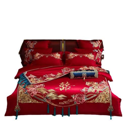 新中式婚庆四件套长绒棉160S龙凤刺绣纯棉红色六件套结婚陪嫁套件
