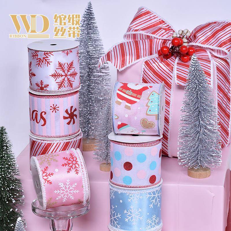 跨境3码织带圣诞树麋鹿蝴蝶结辅料礼品盒包装圣诞节铁丝边拷克带