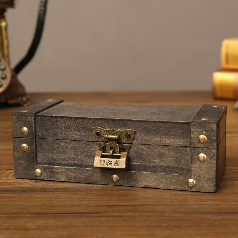 仿古带锁发簪盒复古木质项链首饰盒收纳盒方形小木盒子摄影道具