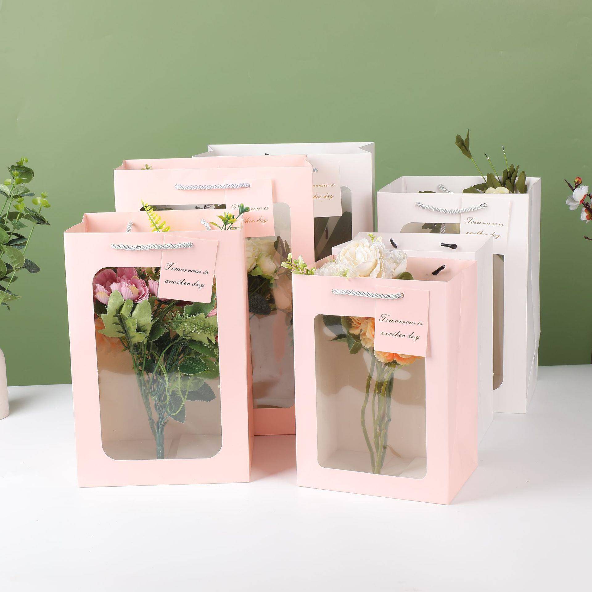 跨境手提袋情人节礼品袋鲜花包装袋开窗手提袋礼品包装袋手提礼品