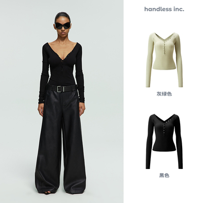 handlessincV领插肩长袖修身T