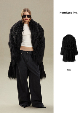 handless inc | leather系列-长款无领环保皮草大衣外套
