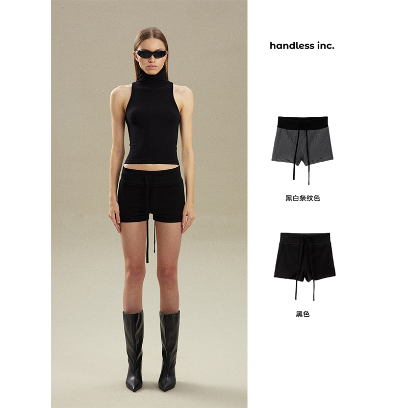 松紧抽绳针织高腰短裤