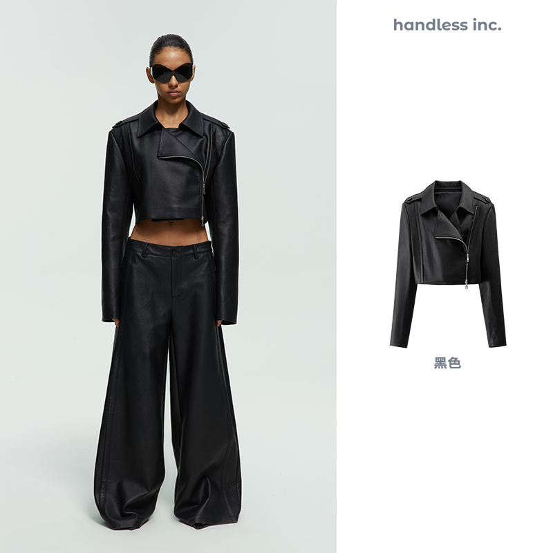 handless inc | leather系列-H型宽松翻领短皮衣