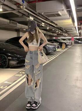 胖牛仔裤大码mm破洞显瘦九分乞丐直筒裤200斤胯大腿粗女 潮 宽松