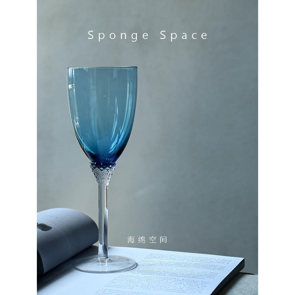 海绵空间 复古黑色宝石红酒杯钻石香槟杯蓝色酒杯中古餐厅摆件