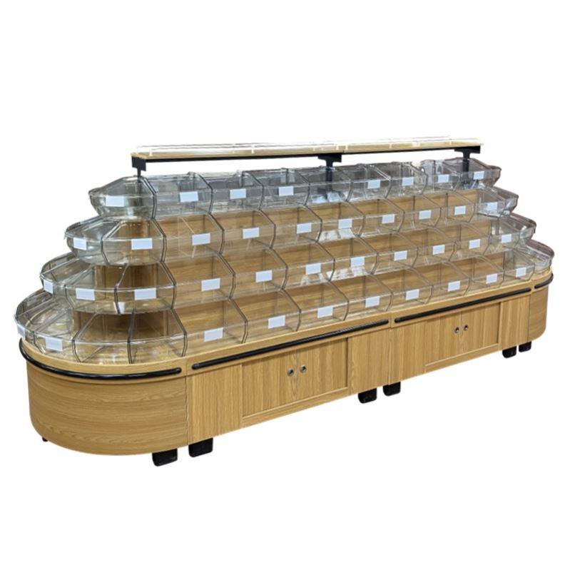 超市木质四层散称柜散装零食货架饼干糖果休闲食品圆形中岛展示柜
