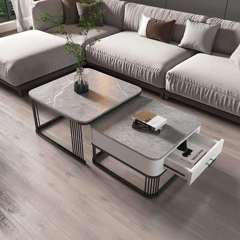 北欧岩板小户型简约现代客厅家用金属茶桌方形子母茶几大小组合