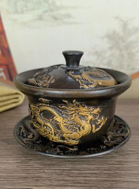 做旧古鎏金凤龙凤盖碗一套OZH摆件铜龙家居玩收藏装铜饰礼品摆设