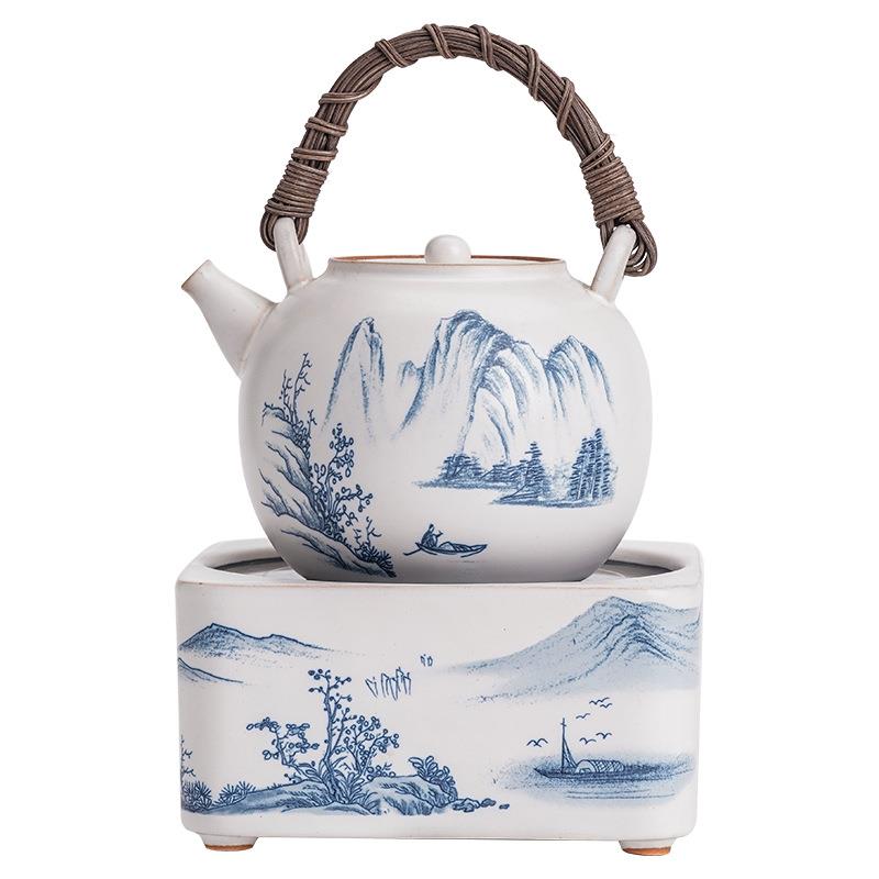 苏打陶釉手绘侧提梁把陶煮茶壶电炉烧水壶泡茶炉JSUI2022粗陶煮茶