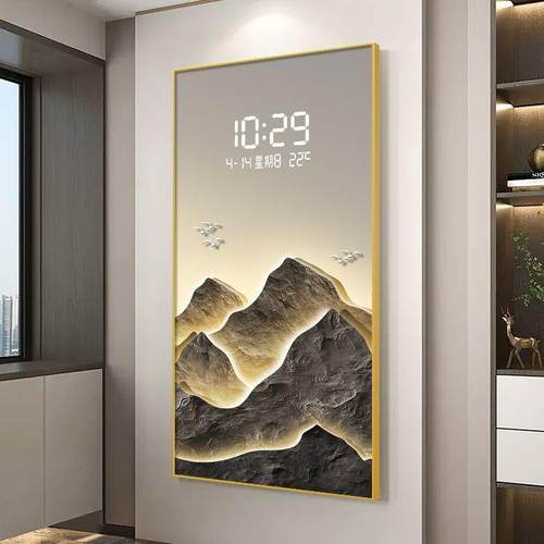 入户门玄关装饰画客厅走廊过道挂画轻奢竖版背靠金山数显钟表挂画