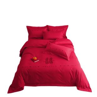 新款简约婚庆床上四件套结婚用品大红刺绣印花磨毛现代婚庆四件套