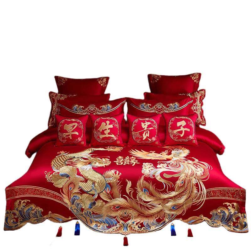 中式婚庆喜字刺绣100长绒棉四件套新婚陪嫁红色床单被套床上用品,床上用品,床品套件/四件套/多件套,淘宝优惠券,粉丝福利购,淘宝优惠卷