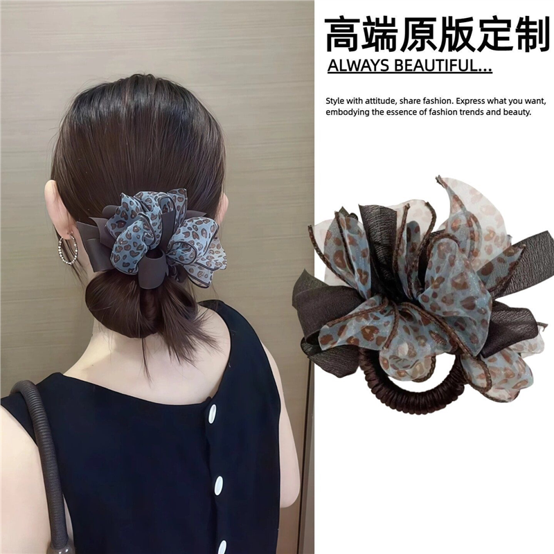 蓝色豹纹网纱蝴蝶结发圈