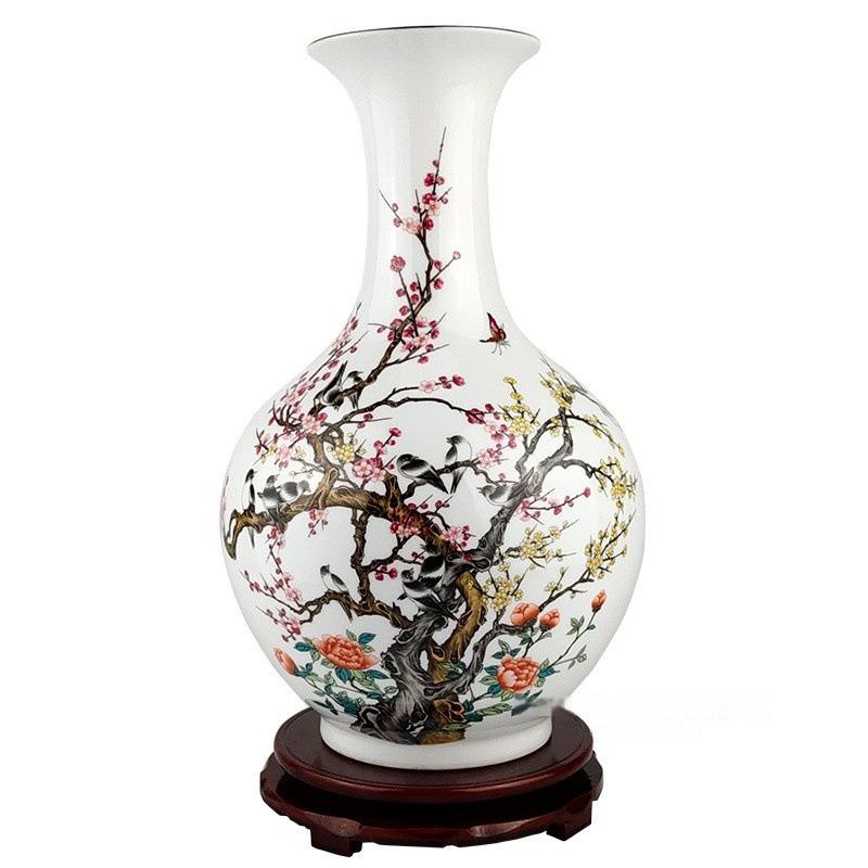 景德镇陶瓷器粉彩喜上眉梢花鸟花瓶中式家居客厅电视柜摆件可礼品