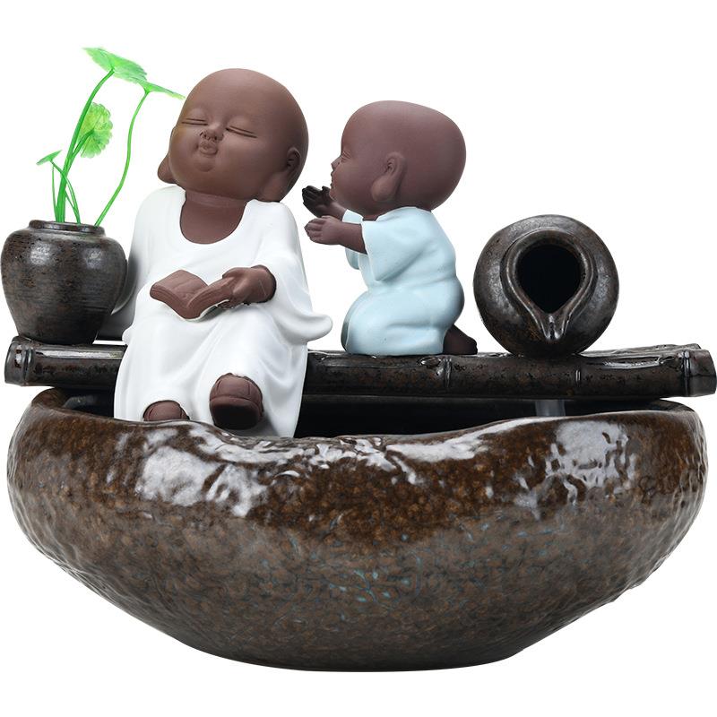 中式禅意小和尚景观喷泉流水摆件陶瓷创意家居加湿循环抽水器