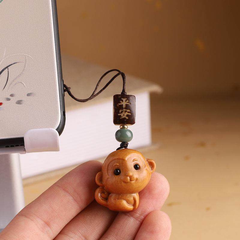 檀木十二生肖猴男女汽车钥匙扣挂件小猴子复古创意挂饰