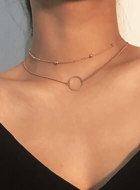 欧美跨境饰品 简单链条珠链圆环吊坠项链女 时尚短款简约合金项饰