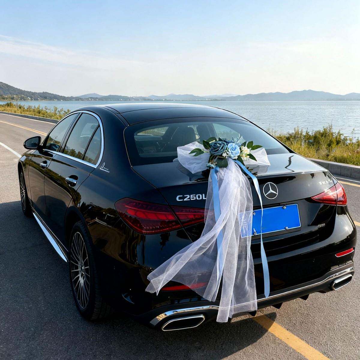 跨境仿真花结婚用品接亲车队婚车网纱蝴蝶结门把手车头花装饰