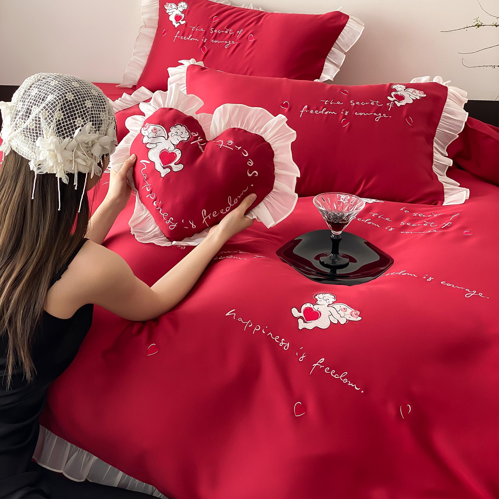 爱神丘比特新婚庆四件套全棉长绒棉花边刺绣红色结婚被套床单床笠