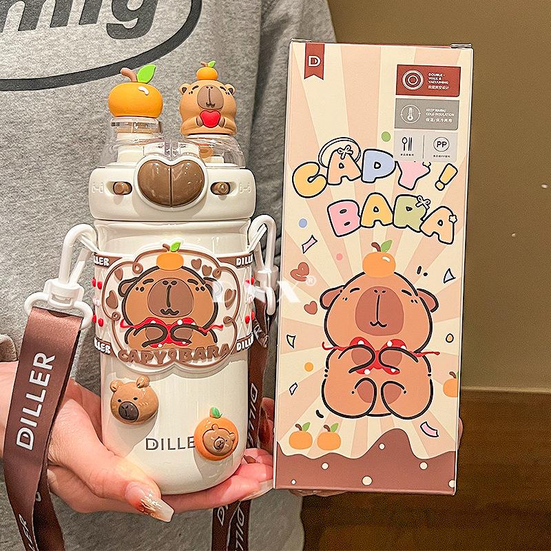 卡皮巴拉吸管保温杯女2024新款316不锈钢水杯子学生上学专用