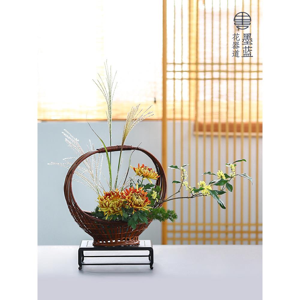 手工竹编竹花制插花艺篮禅意中式插花艺大花篮ABL含内胆中花竹华