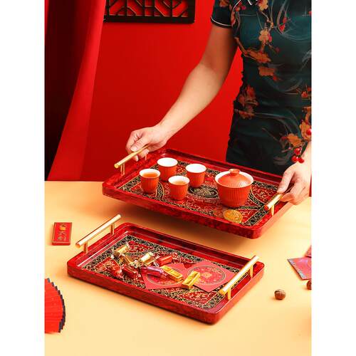 红色中国杯茶杯装矩PXS套形木制龙凤托盘宫覆殿风格典雅古托盘干