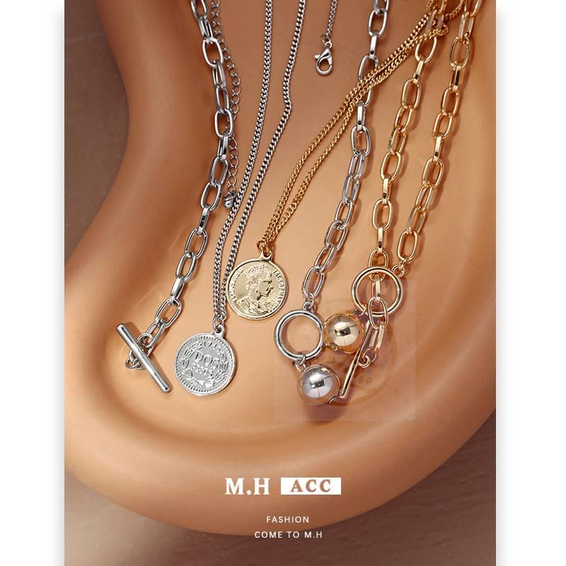 -Double-layer coin gold ball pendant necklace alloy jewelry